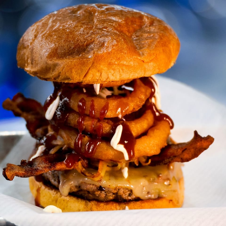 Towering cheeseburger topped with onion rings, bacon, crispy onions, barbecue sauce, and mayonnaise on a paper-lined metal tray.