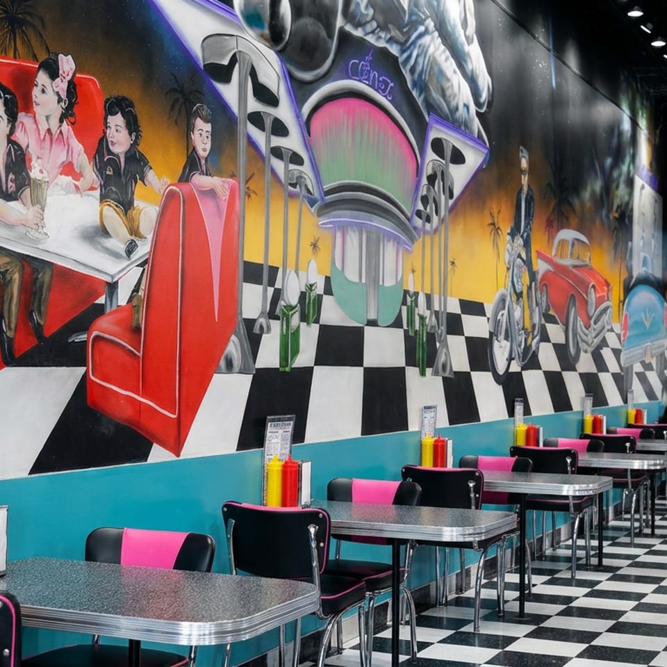 Retro diner interior with black-and-white checkerboard floors, chrome tables, pink-trimmed chairs, condiments, and colorful murals.